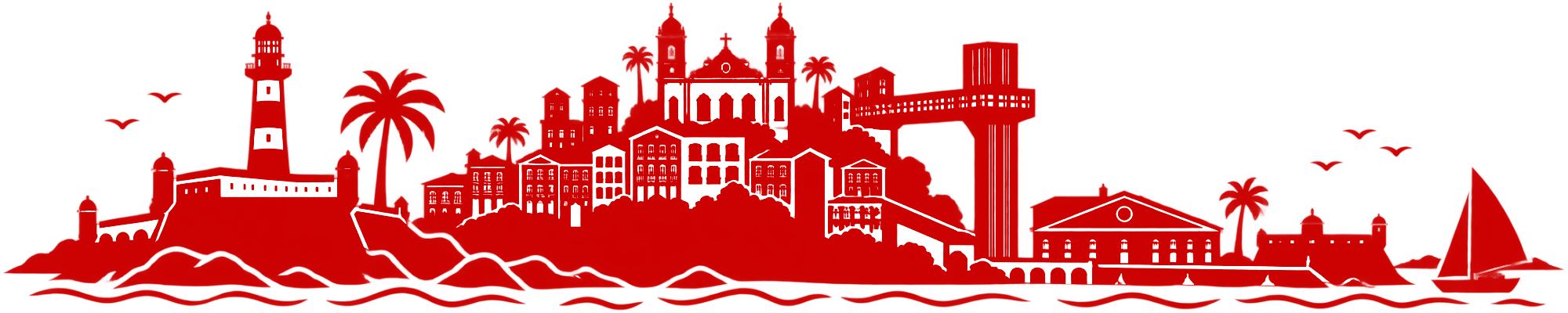 Ilustração de Salvador com o Farol da Barra, o Pelourinho, o Elevador Lacerda e o Mercado Modelo