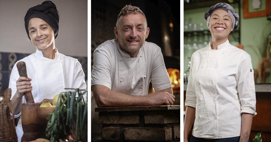 a collage of a man and a woman in white chef's coats