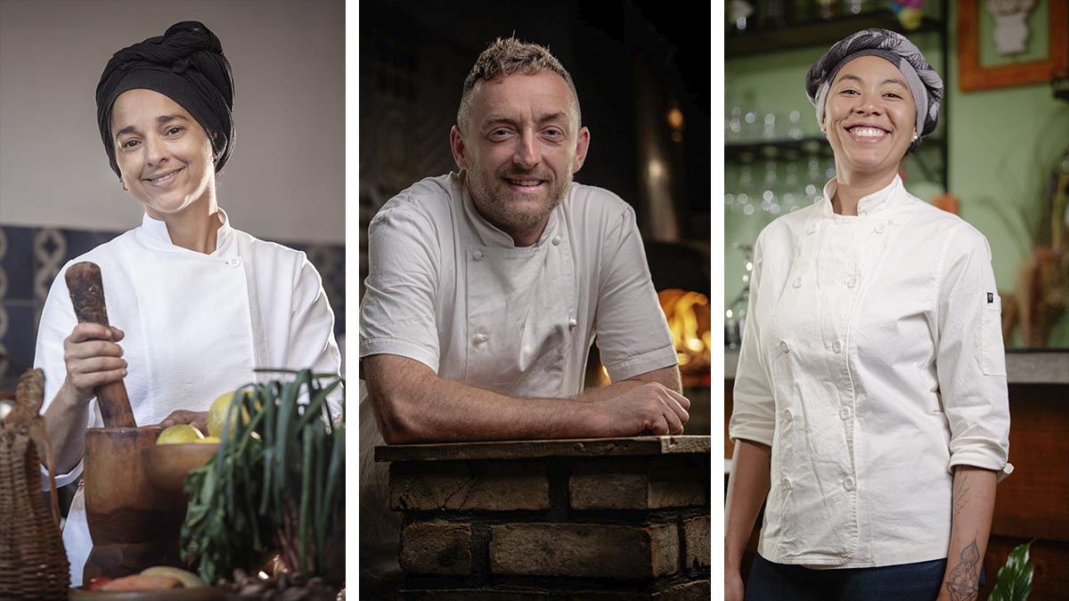 a collage of a man and a woman in white chef's coats